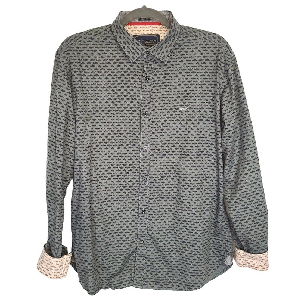 V DOT Jeans Couture Men's Slim Fit Dark Gray Fish Print Button Down Shirt EU 40